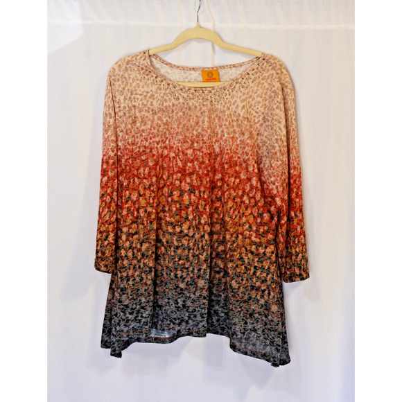 Ruby Rd. Orange Gradient Leopard Print Tunic Sequins 3/4 Sleeve Size Large - Picture 1 of 4